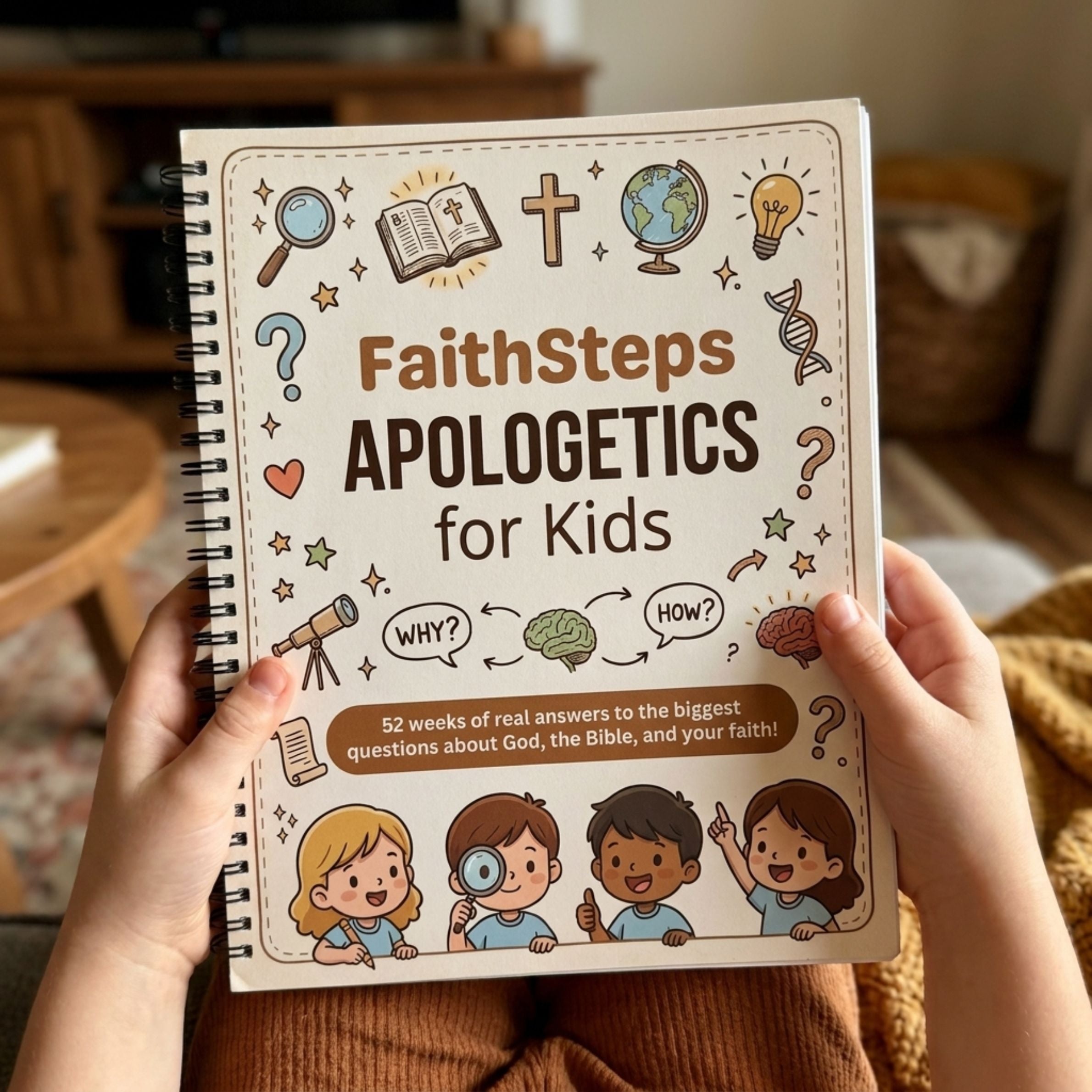 A child holding the FaithSteps Apologetics for Kids workbook