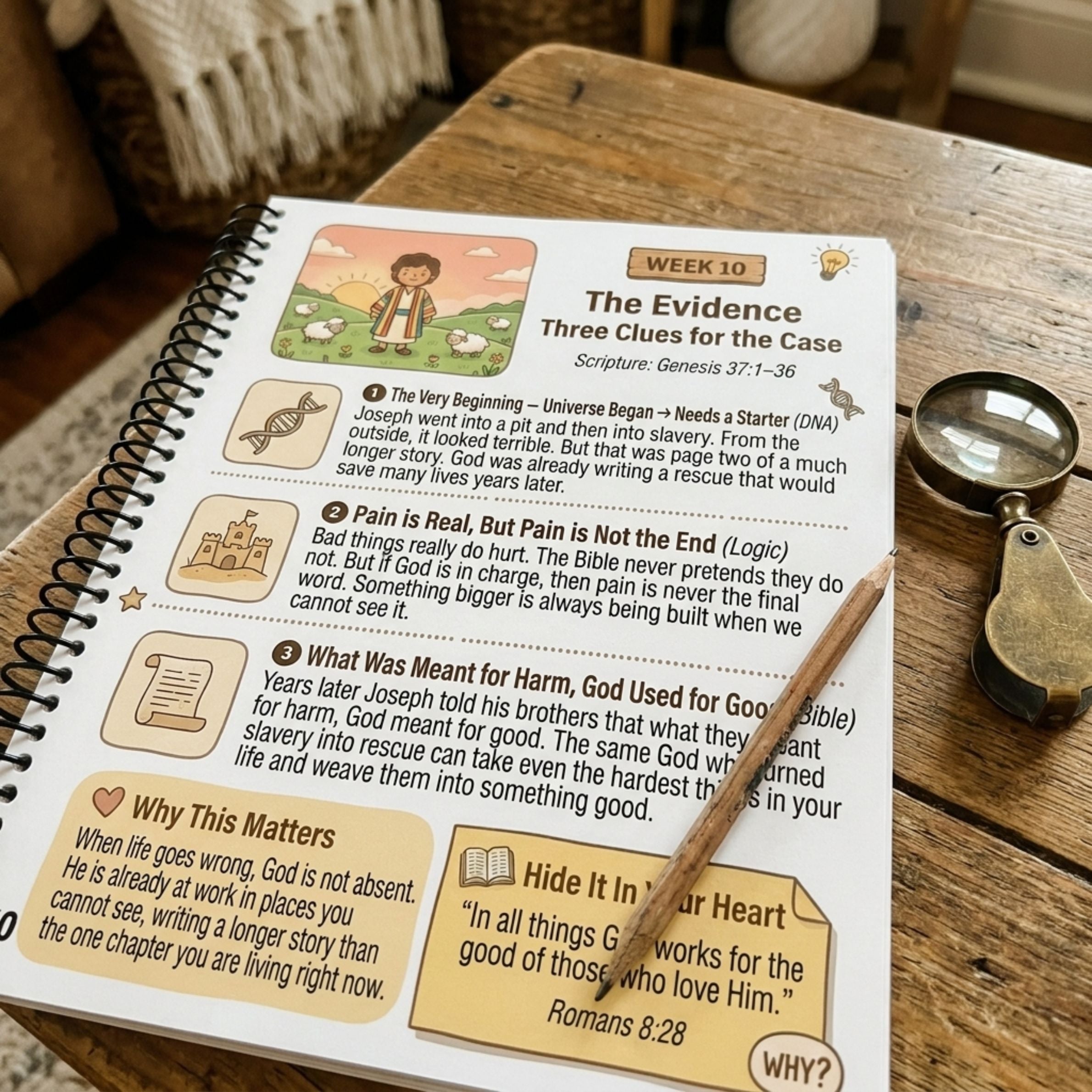 The Evidence page, Three Clues for the Case, with tagged clues and the memory verse box